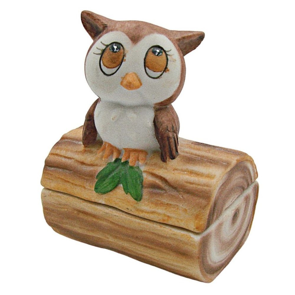 Vintage Lefton Owl on a Branch Trinket Box Hand Painted Porcelain MCM 2.5x2x3"